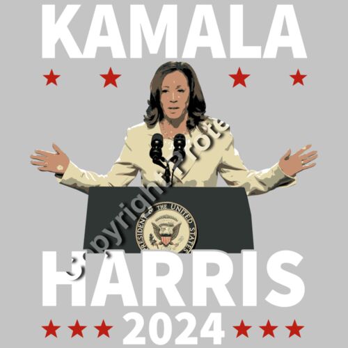 Kamala Harris 2024 campaign speech podium with stars and bold text representation Thumbnail